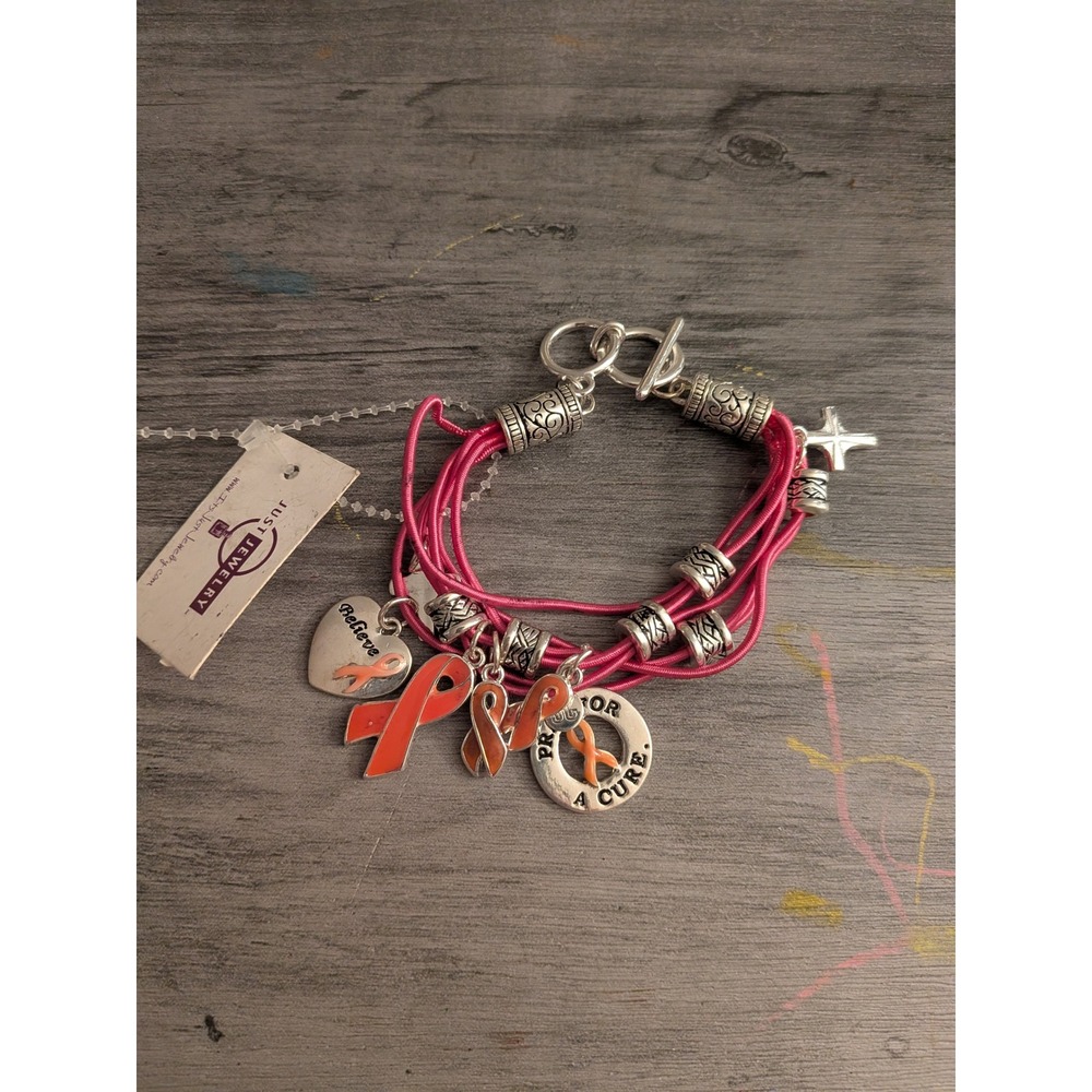 Just Jewelry Pink Cord Awareness Ribbon Charm Bracelet Pray For‎ A Cure Believe